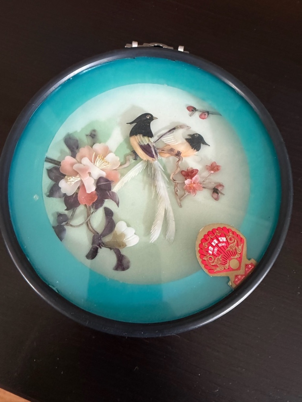 Vintage Mother of Pearl Shell Art Wall Hanging Birds Floral Round Shadow Box